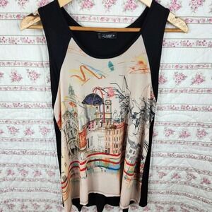 Troosh Made in USA Tank Top Medium Sleeveless Black Beige Cityscape Print